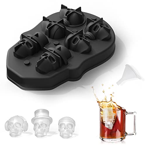Totenkopf Eiswürfelform Schokoladenform Lustige Eiswürfelform, 3D Skull Silikon Eiswürfelform Totenkopf mit Mini-Trichter, Schwarz Ice Cube Tray Halloween Silikonform für Whiskey Cocktails Süßigkeiten Cover