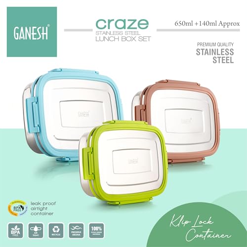 GANESH Craze Stainless Steel Tiffin Lunch Box Container/Dabba with 4 Side Clip Lock Lid for Office & School Use/Food Grade/Air Tight/Easy to Carry/Leak Proof(650ml 1pc + 140ml 1 Pc) Blue (Image - 7)