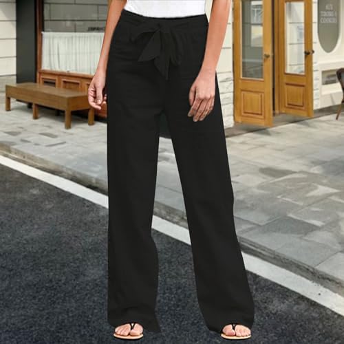 Geleglaer Womens Cotton Linen Pants Summer Casual Strappy Elastic Plus Size Pants Tie Front Solid Trousers with Pockets2