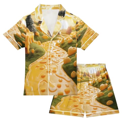 Satin Pajama Sets Short Sleeve Funny Cheese River Landscape Button Down Silky Nightwear 2 Piece PJS 5-14Y