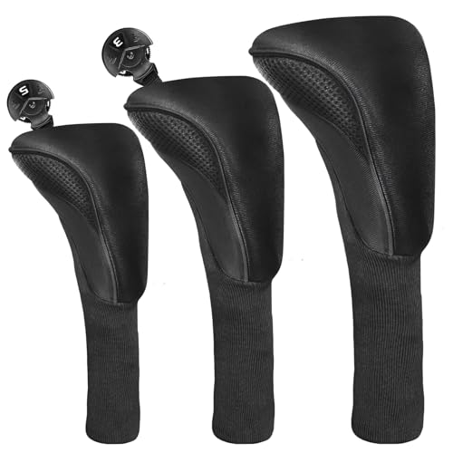Image of Golf Club Head Covers Wood Black Long Cover Driver Fairway Hybrid 3 pack, Headcovers Novelty Durable Portable Effective Protection For Golf Enthusiast Gift