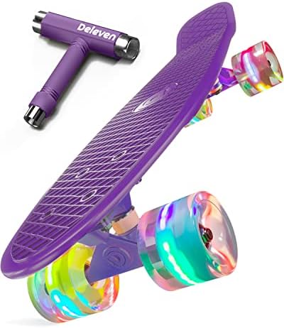 Deleven 22” Skateboard with Light Up Wheels - Beginner Skateboard for Kids Girls & Boys - Best for Ages 6-12 & Great Retro Mini Cruiser for College Students