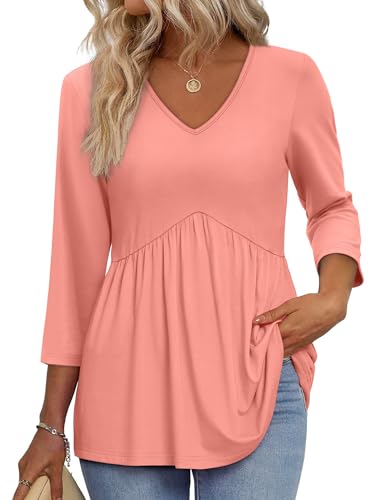 3/4 Length Sleeve Womens Tops 2025 Empire Waist V Neck Tunic Top Blouses for Women Dressy Casual Babydoll Maternity Clothes Cowboy Chic Coral XL