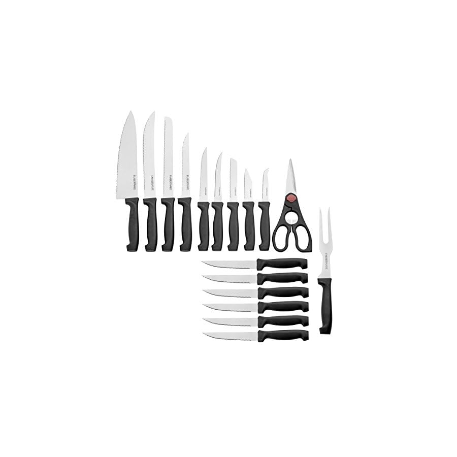 Farberware Never Needs Sharpening High-Carbon Stainless Steel Knife Block Set with Non-Slip Handles, 18 Piece, Black