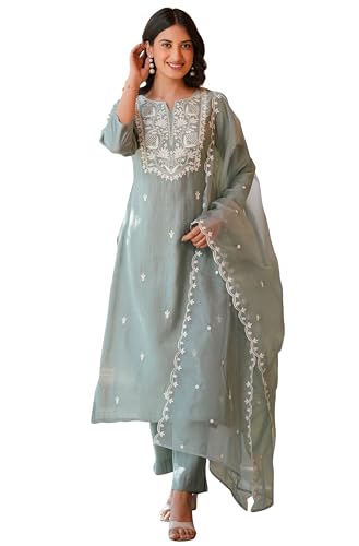 Janasya Indian Women's Silk Blend Blue Embroidered Festive Wear Kurta Set for Women