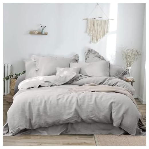 Merryfeel French Linen Duvet Cover Set Queen,100% French Flax Linen Duvet Cover Set,Luxurious Breathable 3 Pieces Bedding Set- Full/Queen Grey