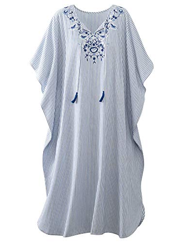 National Embroidered Caftan - Beautifully Embroidered Yoke, Tassel Ties, Roomy Fit in 100% Cotton, Blue