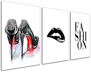 Fashion Women Art Print - Makeup Room Pictures Modern Artwork Wall Art Saying Quote Black White Heel Lip for Women Teen Girls Bedroom Home Decoration Living Room Unframed Beauty Set 3 Canvas