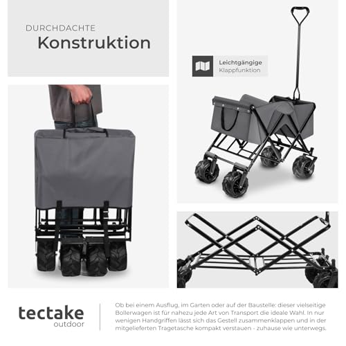 tectake® Faltbarer Bollerwagen, klappbarer Bollerwagen, extra breite Gummireifen, als Einkaufstrolley, Transportwagen, Strandwagen, faltbar und klappbar mit einem Griff, Klappbollerwagen - grau – Bild 5