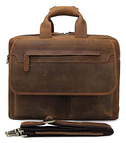 Laptop Briefcase Large Capacity, Vintage Leather 14inch Laptop Bag with Trolly Strap,Business Messenger Satchel