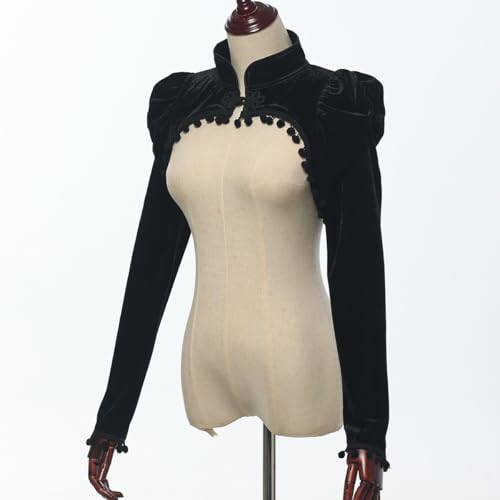 Chaqueta victoriana de terciopelo negro de alta costura con pompones y cuello mandarín 6