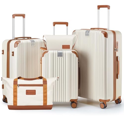 Image of Luggage Set 3 Piece Luggage with PC+ABS Hardshell TSA Lock Spinner Wheels Carry on Lightweight Suitcase,YKK Zippers (Beige(N), 5 piece sets(20 /24 /28 /DB /TB))