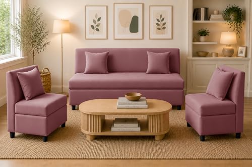Image of 3+1+1 Modern Velvet Fabric Sofa Set for Living Room | Three Seater Sofa with 2 Single Seater Chairs | for Home, Office| Rose Pink