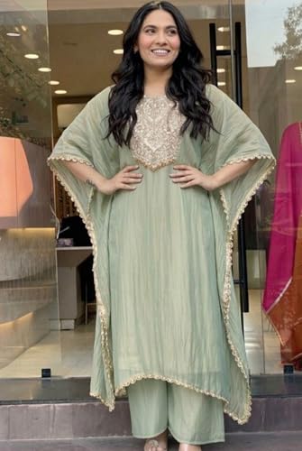Image of GoSriKi Fendy Glass Embroidered A-Line Kurta with Palazzo for Women | Fendy Glass Grey | Kaftan Sleeve | Round Neck | Ethnic Wear Casual Wear