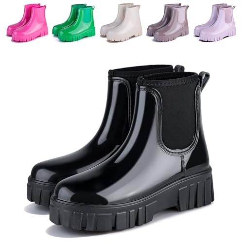 Womens Rain Boots Ankle Waterproof Garden Shoes Fashion Wellington Rubber Rainboots Slip-Resistant Work Shoes for Outdoor Work Black US 7 Women EU 37