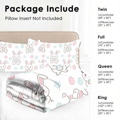 Image of Cute Easter Bunny Comforter Set Twin Size White Rabbit Bedding Set | Cute Cartoon Rabbit Holding Eggs Bedding Set for Kids Boys Girls, Soft Microfiber Bed Set with Pillowcase for Room Decor