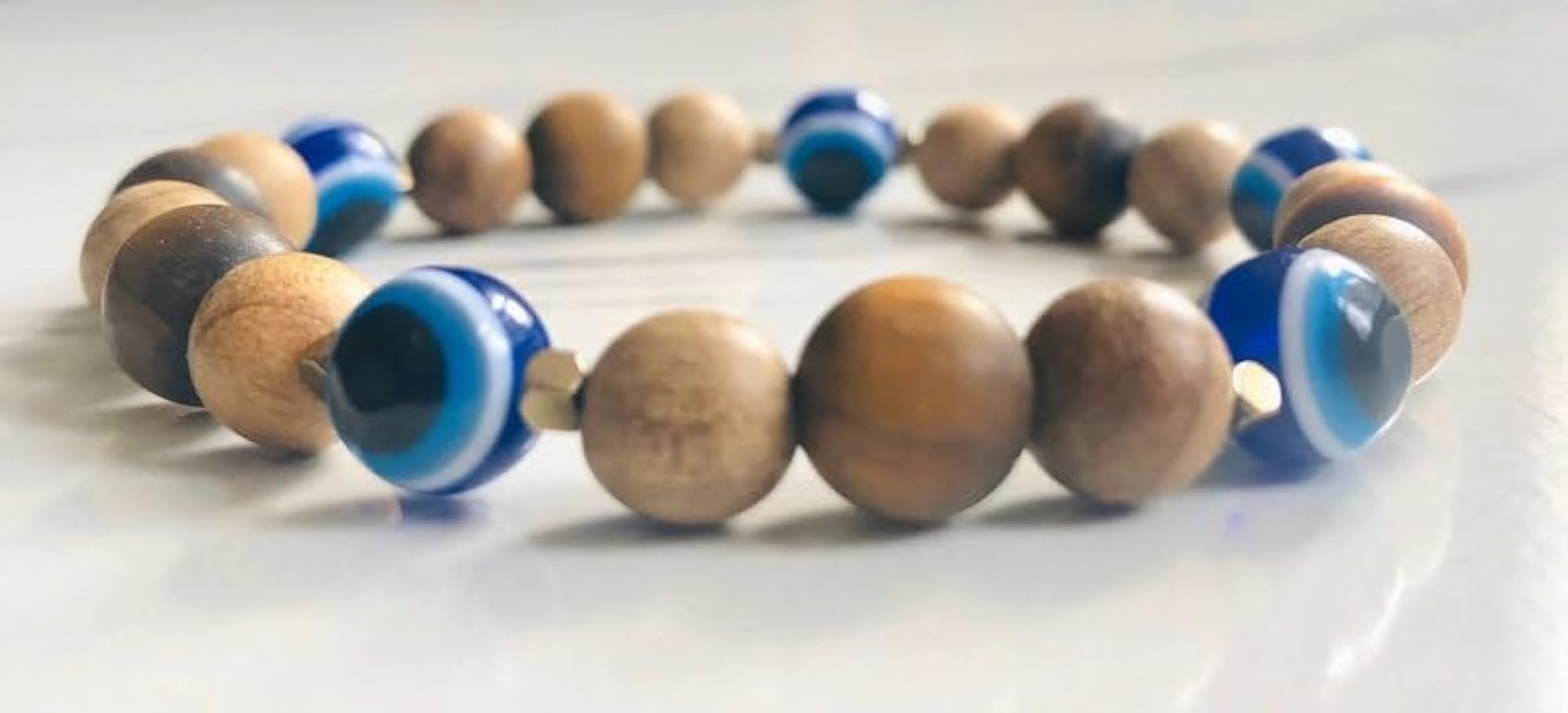 Natural Sandalwood & Evil Eye 8mm Bead Stretchable Bracelet, Unisex Healing