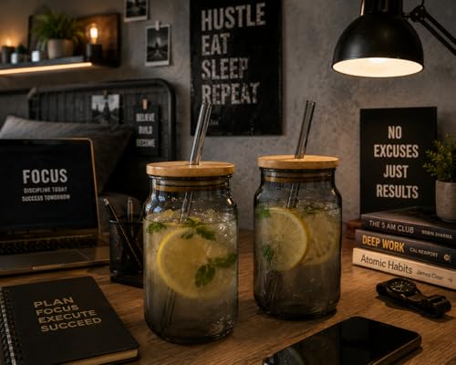 Image of Glass Tumblers with Wooden Lid and Glass Straw, 540ml, Borosilicate Glass, for Coffee, Iced Coffee, Juice and Smoothies, Coffee Mug, Sipper (Grey - Can Shape)