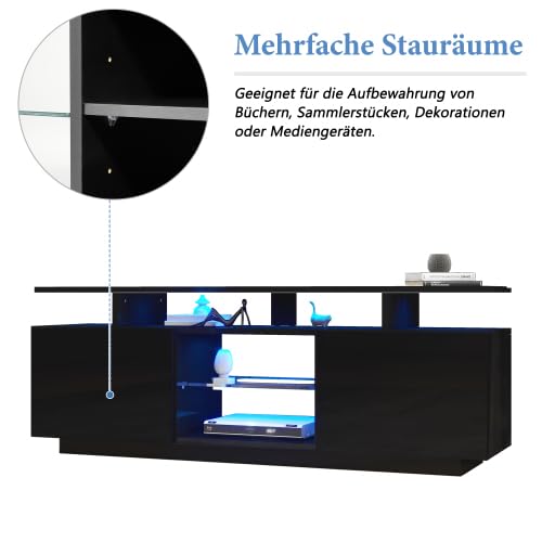 Merax Schwarzer TV-Schrank mit LED-Beleuchtung – 140 cm, Hochglanz-Design für 60-Zoll-Fernseher, App-gesteuerte RGB-Lichter, 2 Schranktüren & 5 offene Fächer – TV Board für Wohnzimmer & Schlafzimmer