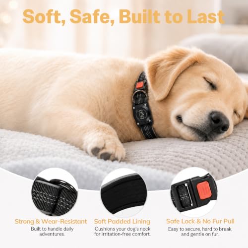 Image of Dog Collar with AirTag Holder Waterproof QR Code Reflective Collar(Black,L)