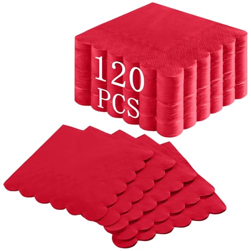 NatNarr 120 Pcs Cocktail Napkins Red Paper Napkins Scalloped 5 Inch