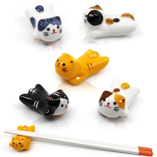 5PCS Cute Ceramic Kitten Cutlery Rest Set - Maneki Neko Knife Fork and Chopstick Holder, Decorative Tableware Accessory Gift for Home Dining Decor