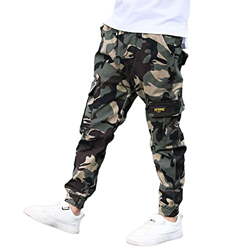 Rolanko Boys' Cargo Pants Casual Kids Joggers Elastic Waist Outdoor Hiking Baggy Trousers 4-14 Years (Camouflage, 10-12) #TOP3