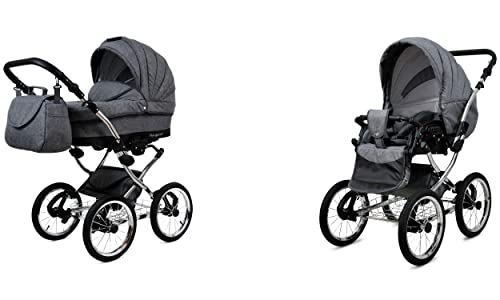 BabyLux Margaret Exclusive 2 in 1 Baby Travel System Pram Stroller Adjustable Detachable Rain Cover Footmuff Newborn to Baby Bearing Wheels Grey Flex