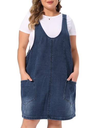 Image of Agnes Orinda Plus Size Denim Overall Dress for Women Sleeveless V Neck Denim Jumper Dress with Pocket