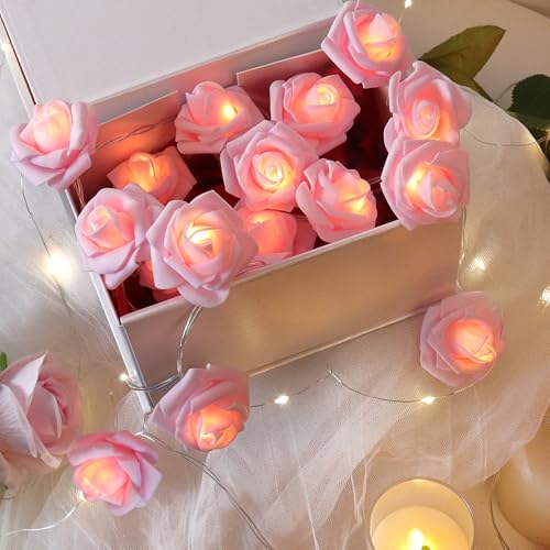 RECUTMS Rose Fairy String Lights, 20 LED Pink Flower Indoor Battery Powered Lights Gifts for Valentine's Day Wedding Home Outdoor Bedroom Girls Mother's Day Anniversary Birthday Party Decorations