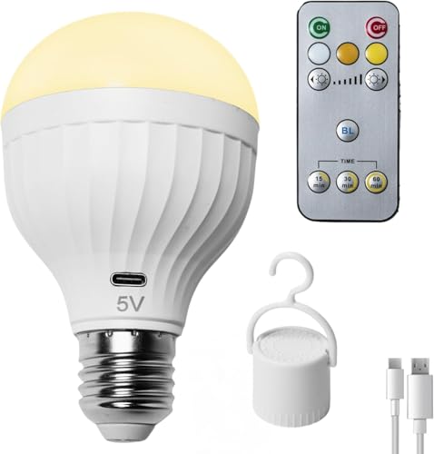 VENMON NATURALMENTE [Pack 1] Bombilla LED Recargable USB E27/E26 | Inalámbrica y Sin Cable con Mando a Distancia | Luz Cálida y Fría Regulable | Bombilla de Emergencia Camping, Hogar y Exterior