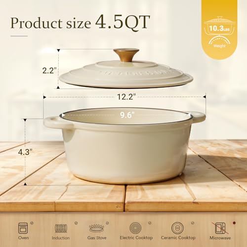 Image of Overmont Enameled Cast Iron Dutch Oven - 4.5QT Pot with Lid Cookbook & Cotton Potholders - Heavy-Duty Cookware for Braising, Stews, Roasting, Sourdough Baking Cream White