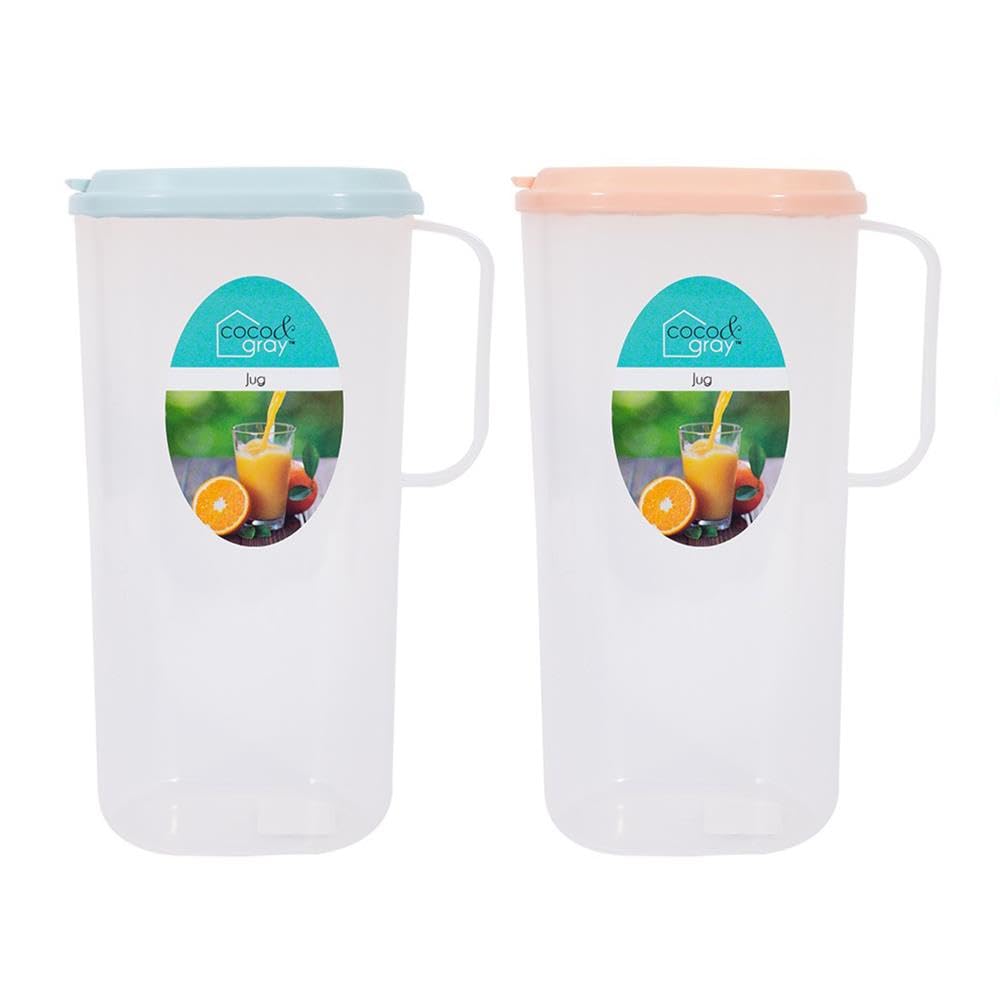 YöL Pack of 2 Plastic Drinks Dispensing Jug - 1.8L Lid Handle Water Juice, Fridge Door Pitcher Picnic BBQ Cocktail Party