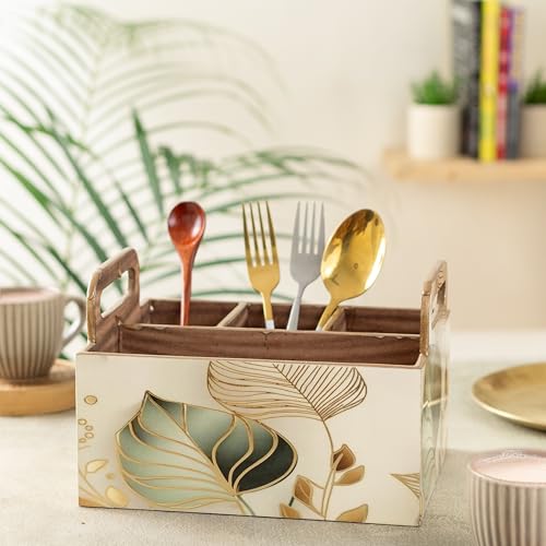 Image of CivanaHomes Wooden Cutlery Holder with Gold Engraving | Pack of 1 | Size : 9 x 7 x 5.5 inch | Enamel Coated Waterproof | Cutlery Holder for Dining Table | (White Leaf)