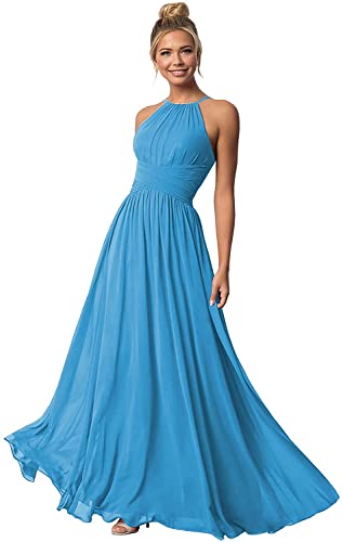 Clothfun Halter Bridesmaid Dresses Long Chiffon Formal Dresses for Women Simple Party Dresses Ocean Blue 4