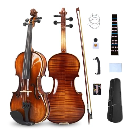 Vetimobato Handmade 1/4 Violin Set - Solid Flame Maple Back & Sides Spruce Top Ebony Fittings Complete Kit with Case Bow Shoulder Rest Strings for Beginners to Intermediate Players (1/4)