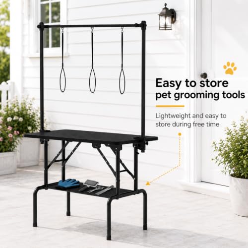 Image of 46 Inch Foldable Dog Grooming Table with Adjustable Arm, Nooses & Storage Basket - Non-Slip Pet Grooming Station for Dogs & Cats - Supports Up to 300 lbs (46 inches)