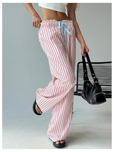 Women's Striped Lace Trim Drawstring Waist Wide Leg Loose Long Pants2