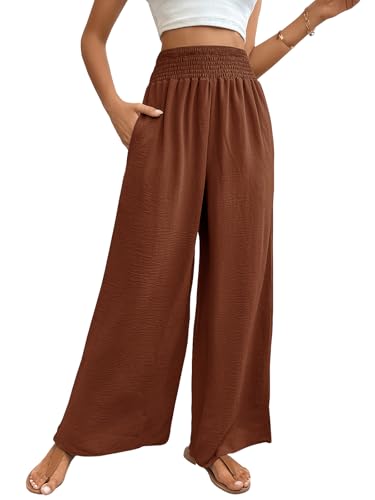 Women Linen Wide Leg Pants High Waist Boho Loose Fit Casual Beach Travel Palazzo Pants