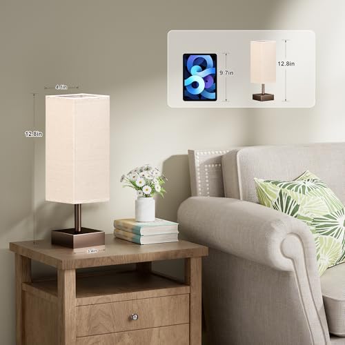 Image of aooshine Browm Small Bedside Lamp for Bedroom - Square Beige Fabric Shade