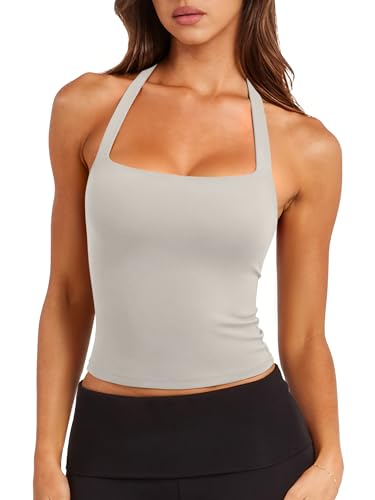 LASLULU Womens Halter Sports Bra Summer Fashion Tank Tops 2026 Open Back Sexy Long Workout Gym Yoga Shirts Y2k Going Out Bra Tops Activewear(Moonstone Small)