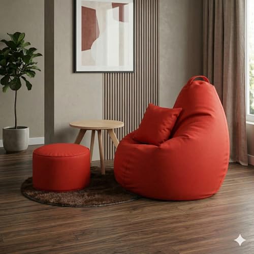 Image of IVIKA Bean Bag with Stool & Cushion | XXXXXL Size Premium Leatherette Bean Bag for Gaming, Living Room & Bedroom (5XL - Red)