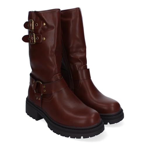 86779 Botas de Tacon para Mujer, Estilo Motero, Comodos y Elegantes, Detalles de Hebillas Metalicas, Ideales para Otono-Invierno. Marron Talla 39