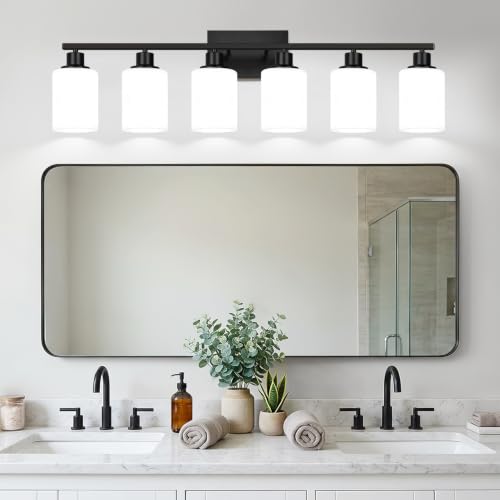 Image of Indoi 6-Light Bathroom Light Fixtures, Matte Black Modern Vanity Lights with Milky White Shades, Bathroom Wall Lamp for Mirror Living Room Cabinet Bedroom Porch