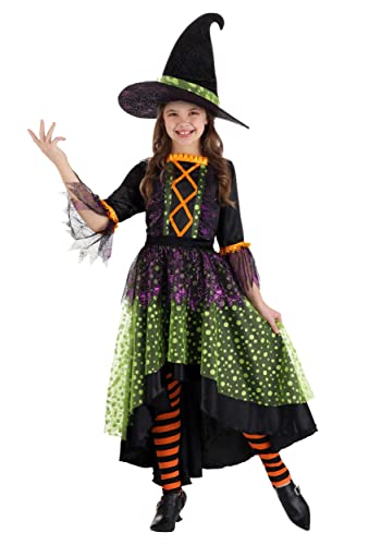 Disfraz de bruja para niñas colorido con leggings y sombrero