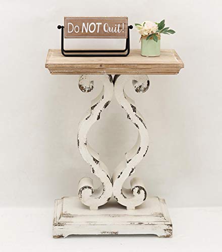 Rustic Wood Rectangle End Table, French Country Accent Side Table With Natural Wood Top And Distressed White Carved Legs, Decorative Wood Table For Bedroom Living Room, 19.75 X 11.75 X 27.5 Inches #TOP2