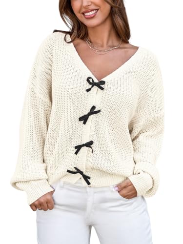 Image of CUPSHE Women's Cute Cozy Bow Sweater Casual Fall Crochet Pullover Tops