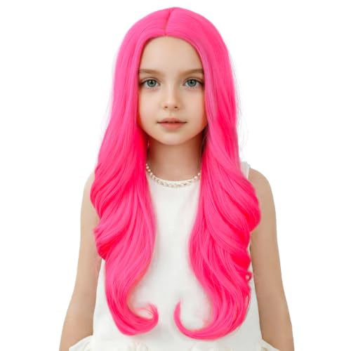 Image of Neon Pink Wig Long Hot Pink Middle Part Wig Long Wavy Curly Wigs Heat Resistant Synthetic Wigs for Daily Party Use