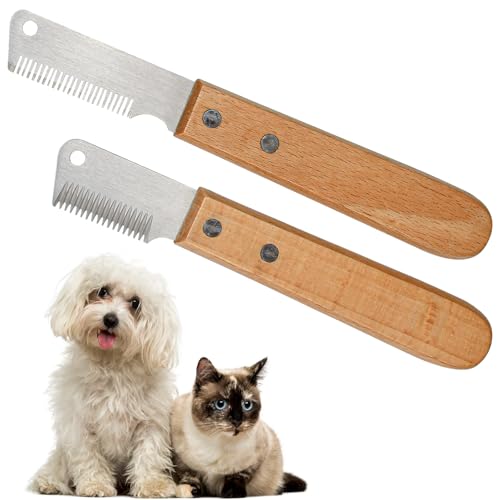 Zuxbolf Trimmmesser für Hunde mit Holzgriff Trimmkamm Feiner & Grober Kamm Trimm Messer Hundekamm aus gehärtetem und geschliffenem Edelstahl Haustierpflege Werkzeug für Haustier Pet Unterwolle