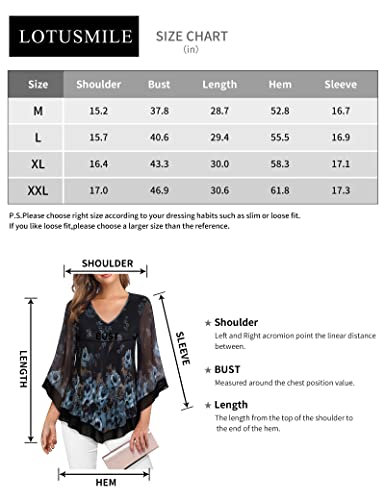 Lotusmile Womens 3/4 Sleeve Tops And Blouses, Double Layer Flattering Tunic Tops For Women Ruffle Loose Blouse Stretchy Sheer Mesh Tops Sexy Elegant Shirt Classy Ladies Work Tops, Floral Blue X-Large #TOP5